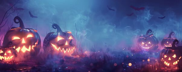 Fototapeta premium Halloween background with glowing jack-o'-lanterns on a foggy night.