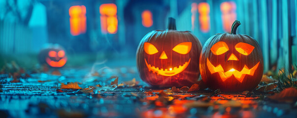 Fototapeta premium Halloween background with haunted looking, carved pumpkins in front of a creepy house.