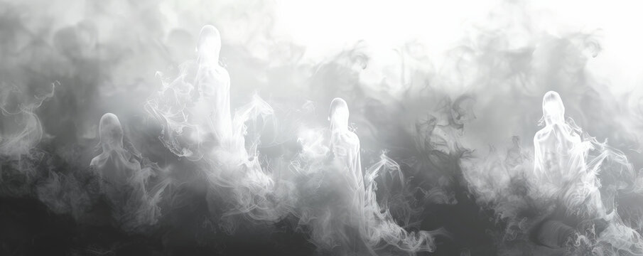 Halloween background with ghostly figures emerging from a thick, white fog.