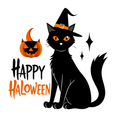 Happy Halloween with a witch's cat silhouette for t-shirt design