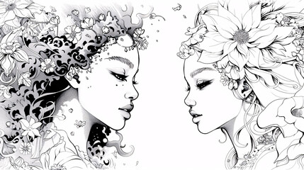 Black and White Line Art Portrait of a Woman with Intricate Details and Expressive Features, Artistic Fashion Illustration