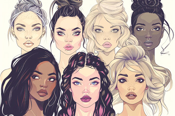 Black and White Line Art Portrait of a Woman with Intricate Details and Expressive Features, Artistic Fashion Illustration