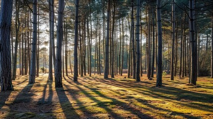 Shadows cast by tall trees in a pine forest on a bright spring morning at Blackheath Surrey
