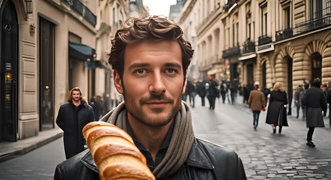 French man with a baguette in Paris.