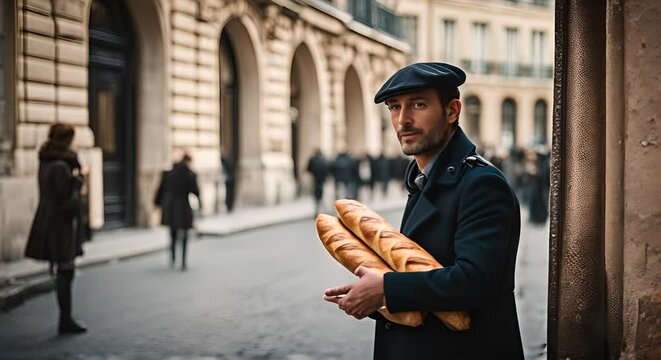French man with a baguette in Paris.