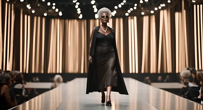 Black Senior woman model on a fashion catwalk.