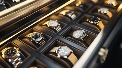 A luxury watch storage background featuring a high-end watch drawer with various compartments each holding a prestigious watch, under soft accent lighting.