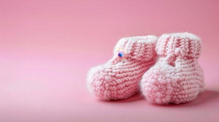 Hand-knit baby booties on pink background