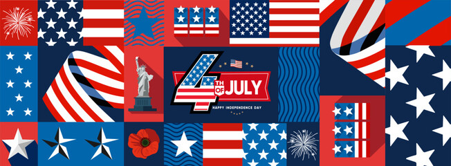 4th of July. US Independence Day. Vector illustration of American flag, star, objects, Statue of Liberty, symbol, sign, ribbon icon for greeting card, poster, banner, background or invitation.   © Ardea-studio