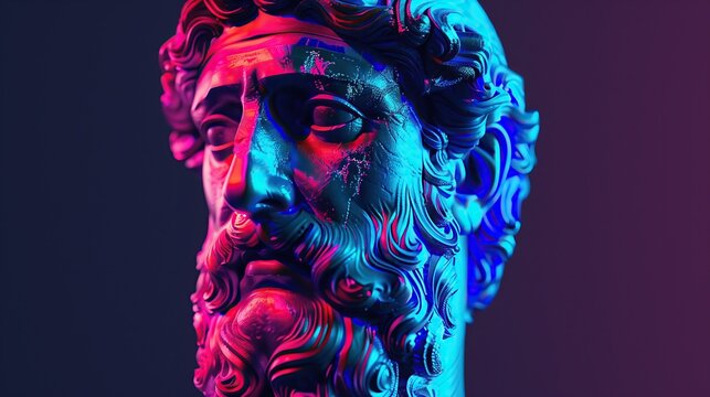 close up of old bearded greek roman man classical statue with neon pink and blue lighting glitch effect modern digital art vibrant colors,
