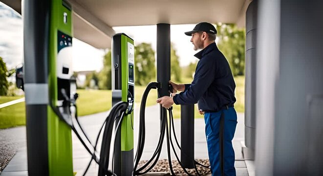 Technician repairing or installing an EV charger for electric cars.