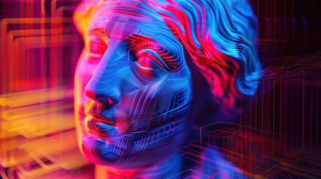 close up of classical ancient women statue bust with abstract  glitch effect modern digital art on dark background
