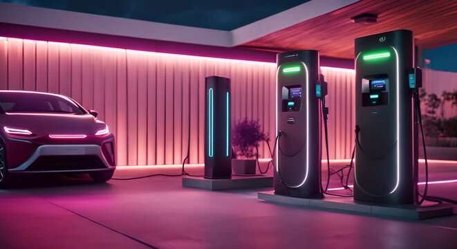 EV charger station with neon lights.