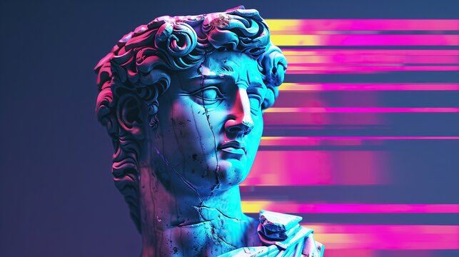 david classical ancient statue bust with abstract neon pink blue line streak lighting glitch effect trails