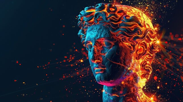 david classical statue with fiery glitch effect modern reinterpretation of classical art vibrant colors on dark background with copy space - Powered by Adobe