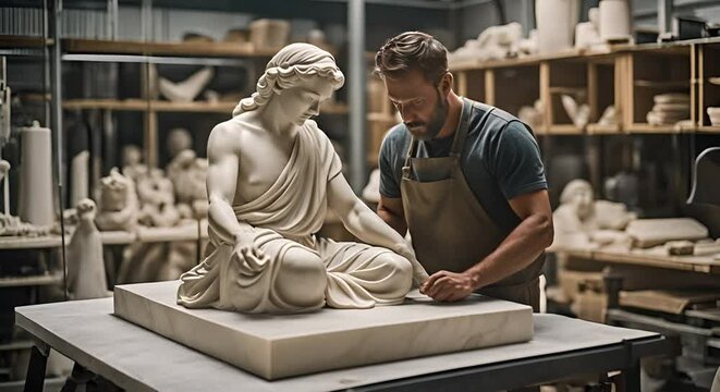 Sculptor sculpting some statues or busts in a sculpture workshop.