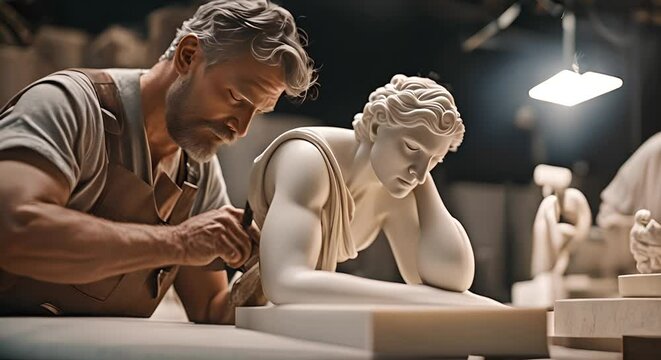 Sculptor sculpting some statues or busts in a sculpture workshop.