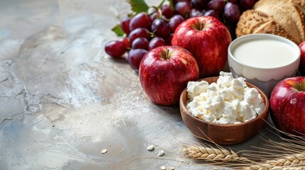 Fototapeta premium Happy Shavuot holiday background with summer red apples, wheat, grapes, dairy products - cheese