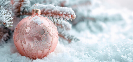 a Christmas banner with copy space,an elegant pink ball lying on the snow near a snow-covered Christmas tree,the concept of greeting cards,holiday blog entries