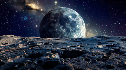 Beautiful panoramic depiction of the moon in space highlighting its detailed topography and craters with the dark star-studded backdrop of space offering a captivating and tranquil cosmic scene 