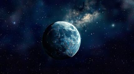 Fototapeta premium Beautiful panoramic depiction of the moon in space highlighting its detailed topography and craters with the dark star-studded backdrop of space offering a captivating and tranquil cosmic scene 