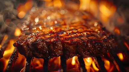 A close-up shot of a flank steak sizzling on a grill, with flames and smoke adding a dramatic effect, emphasizing the lean, fibrous texture and strong beefy flavor