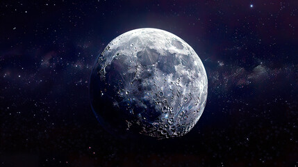 Beautiful panoramic depiction of the moon in space highlighting its detailed topography and craters with the dark star-studded backdrop of space offering a captivating and tranquil cosmic scene 