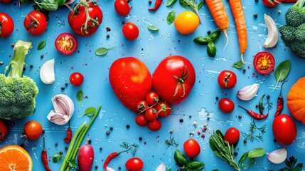 Healthy foods artfully scattered around a red heart on blue background