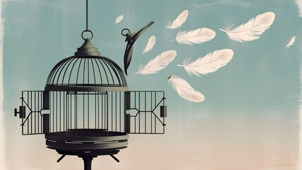 Pastel Blue Background with Retro Birdcage and White Feathers