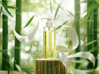A bottle of facial cleanser placed on a bamboo platform surrounded by green bamboo and white ribbon.