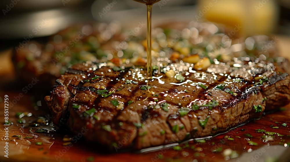 Wall mural A close-up shot of a New York strip steak being basted with garlic and herb-infused butter, showing the lean, juicy texture, the basting spoon in mid-action adding a dynamic element. - Wall murals
