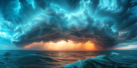 A strong hurricane over the sea with rain and lightning,Generated by AI