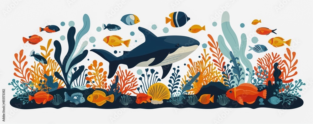 Wall mural Blue whale swims with diverse tropical fish among vibrant seaweeds and coral reefs, isolated on white background. Banner, underwater scene about beautiful marine life and rich ocean biodiversity