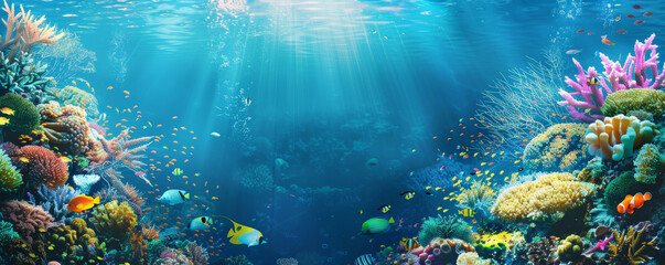 Underwater background with a beautiful, colorful coral reef and tropical fish.