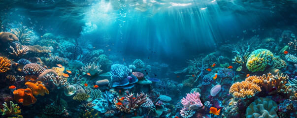 Naklejka premium Underwater background with a bustling underwater ecosystem and various coral species.
