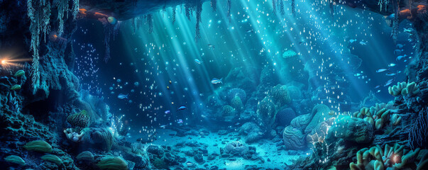 Underwater background with a crystal-clear cave filled with bioluminescent creatures.