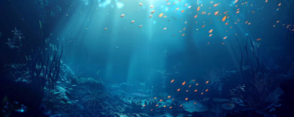 Underwater background with a dark, mysterious ocean abyss and glowing fish.