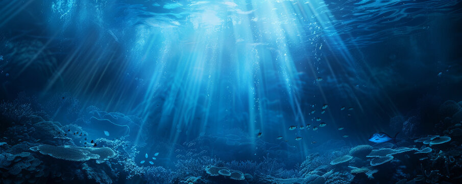 Underwater background with a dark, mysterious ocean abyss and glowing fish.