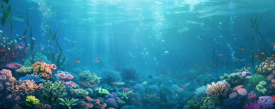 Underwater background with a diverse coral reef teeming with marine life.