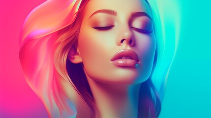 Woman face concept poster. Beautiful girl face creative abstract banner. Graphic design photorealistic style. Style of realistic glamour fashion photography. Digital illustration. AI artwork.	