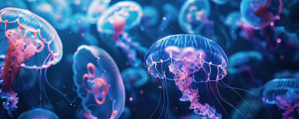 Underwater background with a swarm of jellyfish illuminating the deep blue sea.