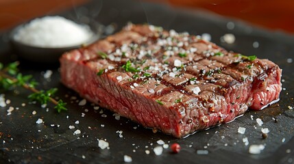 A close-up shot of a ribeye steak garnished with coarse sea salt and cracked black pepper, highlighting the intricate marbling and juicy, tender texture, set on a dark slate plate for contrast.