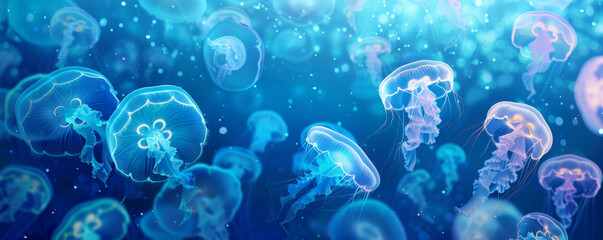 Obraz premium Underwater background with a swarm of jellyfish illuminating the deep blue sea.