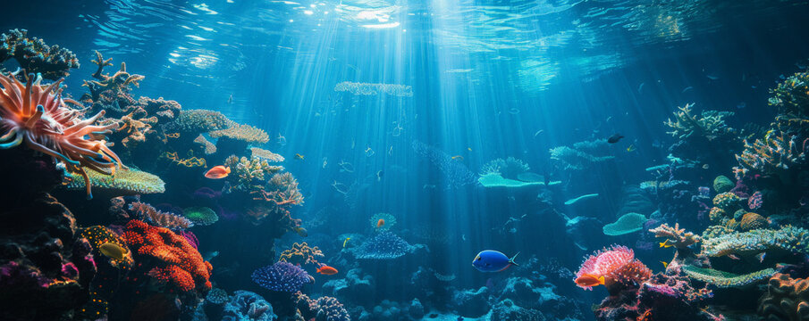 Underwater background with a stunning coral reef wall teeming with life.
