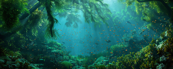Fototapeta premium Underwater background with vast kelp forests and small fish weaving through.