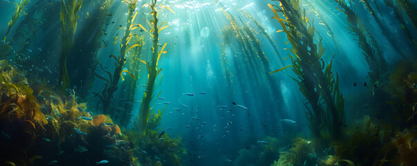 Underwater background with vast kelp forests and small fish weaving through.
