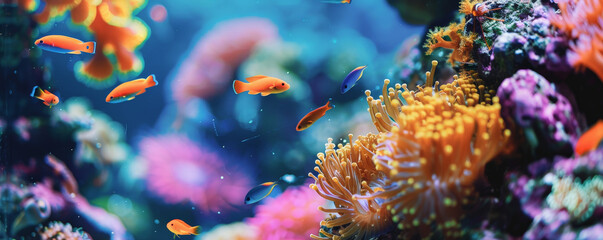 Fototapeta premium Underwater background with vibrant, swaying coral and small, curious fish.