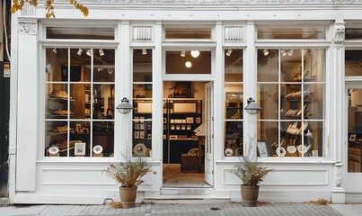 A white storefront with expansive display windows, showcasing elegant vintage items inside, with classic lettering and decorative planters adding charm