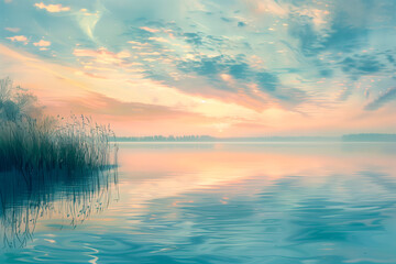 Illustration of tranquil dawn landscape where soft pastel skies meet reflective serenity of still lake, capturing essence of peaceful solitude.