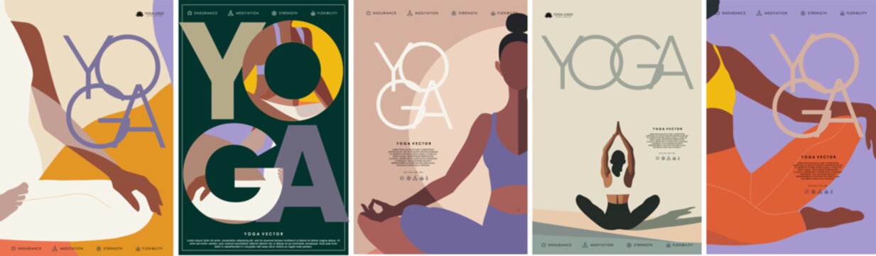 Yoga, meditation, stretching and pilates. Vector minimalistic illustration of a woman in sportswear in the lotus position exercising in the studio, logo for poster, invitation, flyer or background